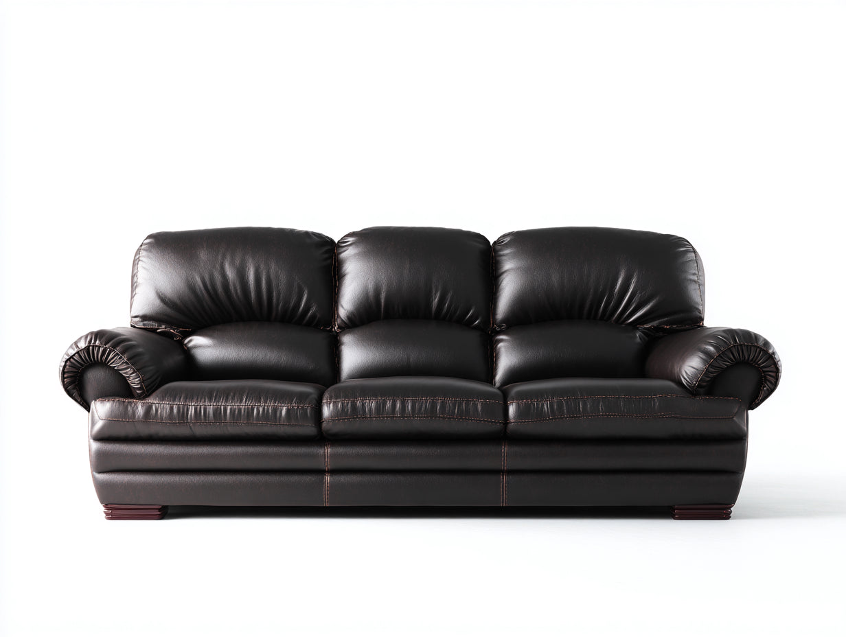 Sofás 3 plazas de piel negra con respaldo acolchado y reposabrazos curvados 240x95x85 cm estilo moderno