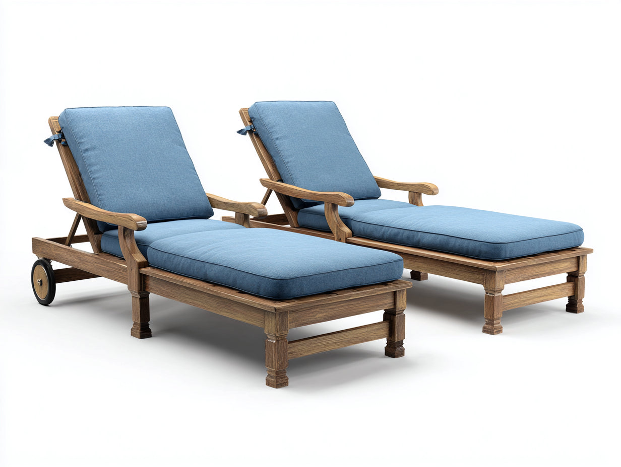 Tumbonas de exterior de madera con cojines azules ajustables 210x70x85 cm estilo moderno
