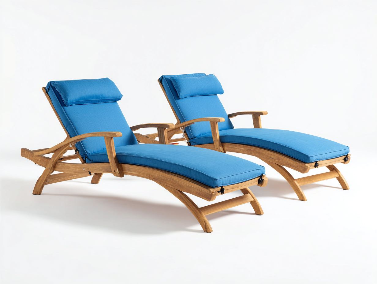 Tumbonas de exterior de madera de teca con cojines acolchados 190x70x75 cm - Color natural y azul - Diseño reclinable para jardín
