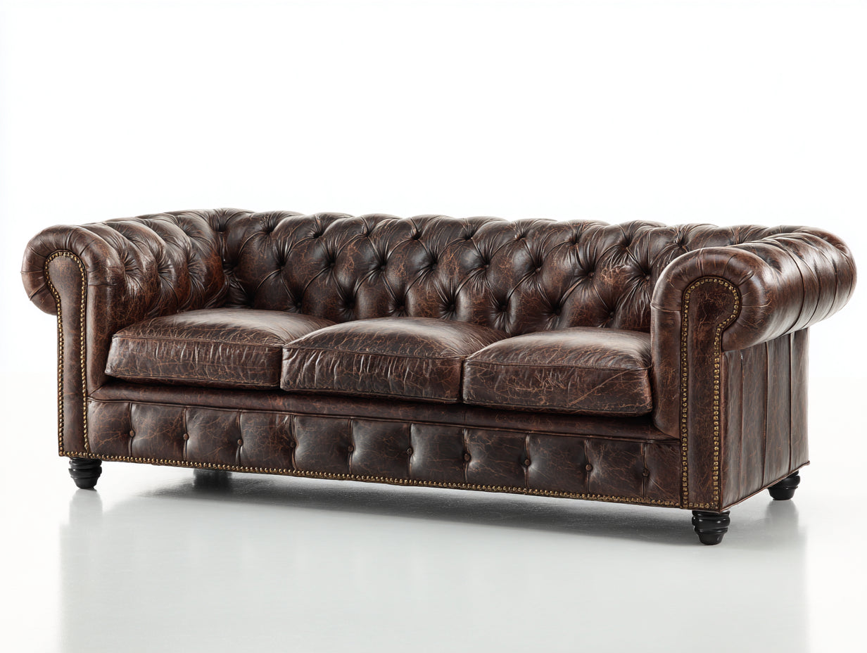 Sofá de 3 plazas tapizado en cuero sintético 260x95x85 cm - Color marrón oscuro - Diseño Chesterfield clásico para salón