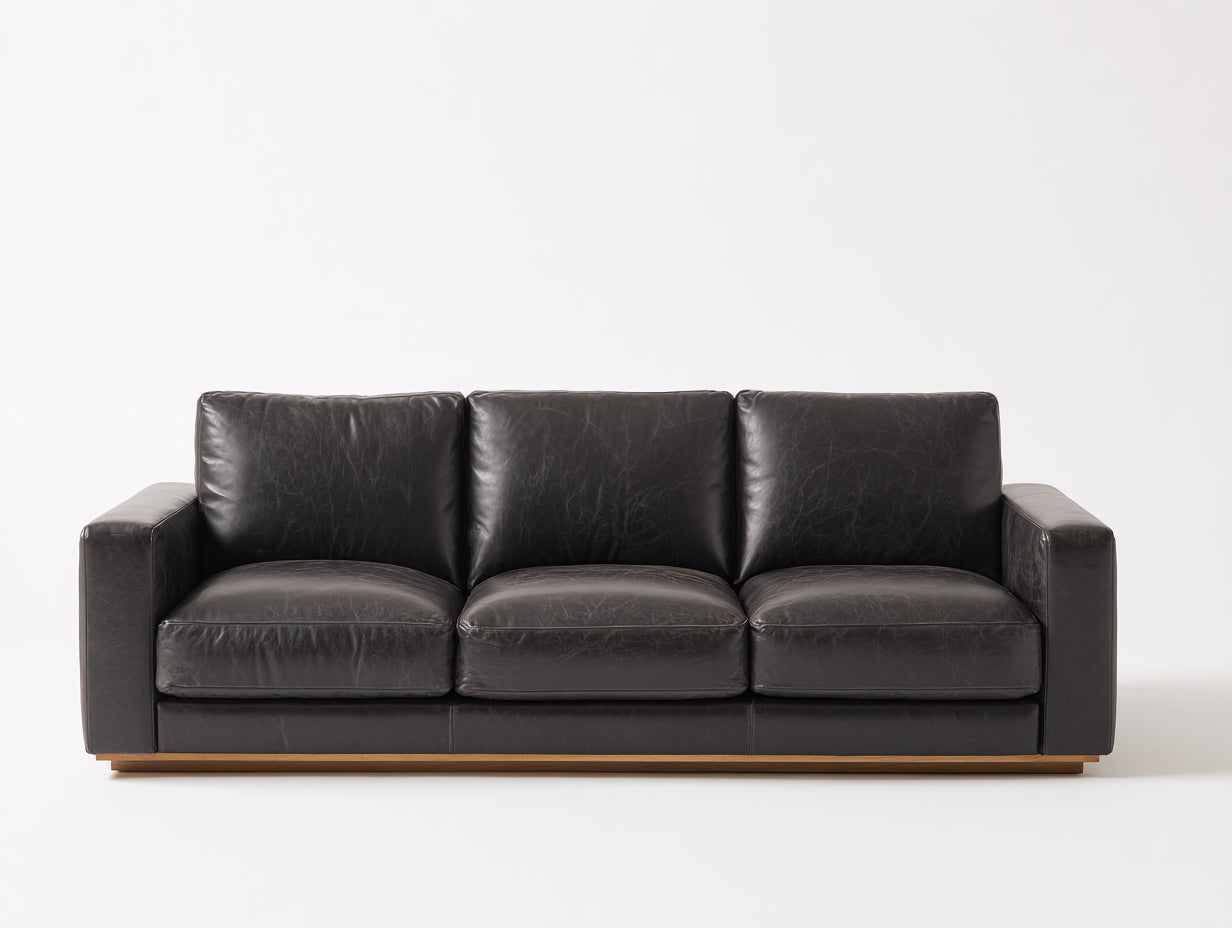 Sofá de 3 plazas tapizado en cuero sintético 260x95x85 cm - Color negro - Diseño moderno minimalista para salón