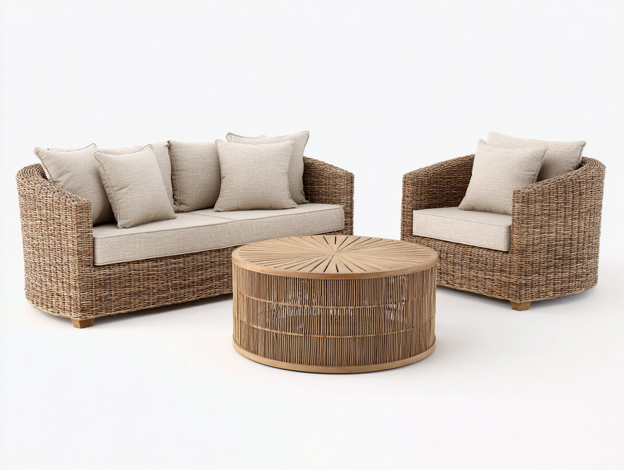 Sofás de exterior ratán 220x80x75 cm - marrón natural y beige - conjunto de sofá exterior con mesa auxiliar