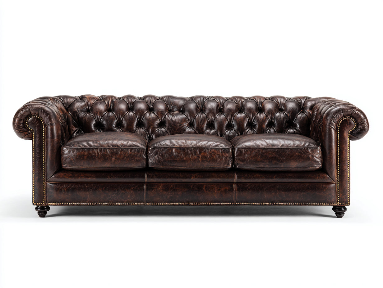 Sofá de 3 plazas tapizado en cuero sintético 240x90x80 cm - Color marrón oscuro - Diseño clásico Chesterfield para salón