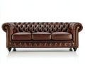 Sofás 3 plazas de piel marrón con respaldo capitoné y detalles clásicos 240x95x85 cm estilo Chesterfield