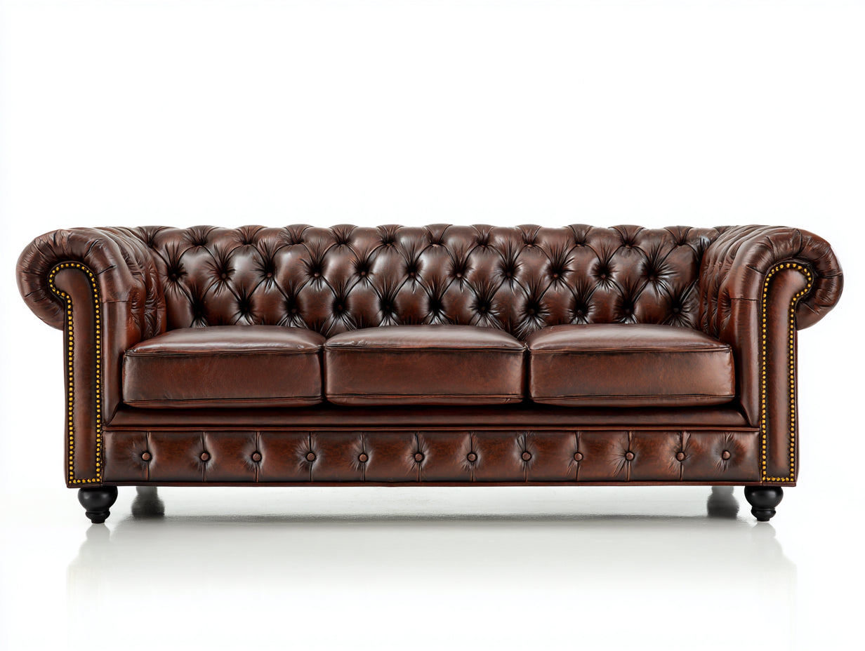 Sofás 3 plazas de piel marrón con respaldo capitoné y detalles clásicos 240x95x85 cm estilo Chesterfield