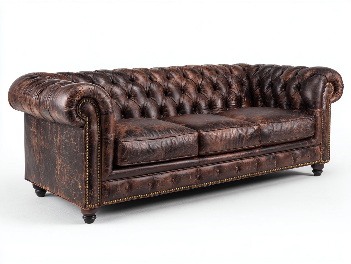 Sofá 3 plazas de cuero sintético 240x95x85 cm - color marrón oscuro - diseño clásico para salón